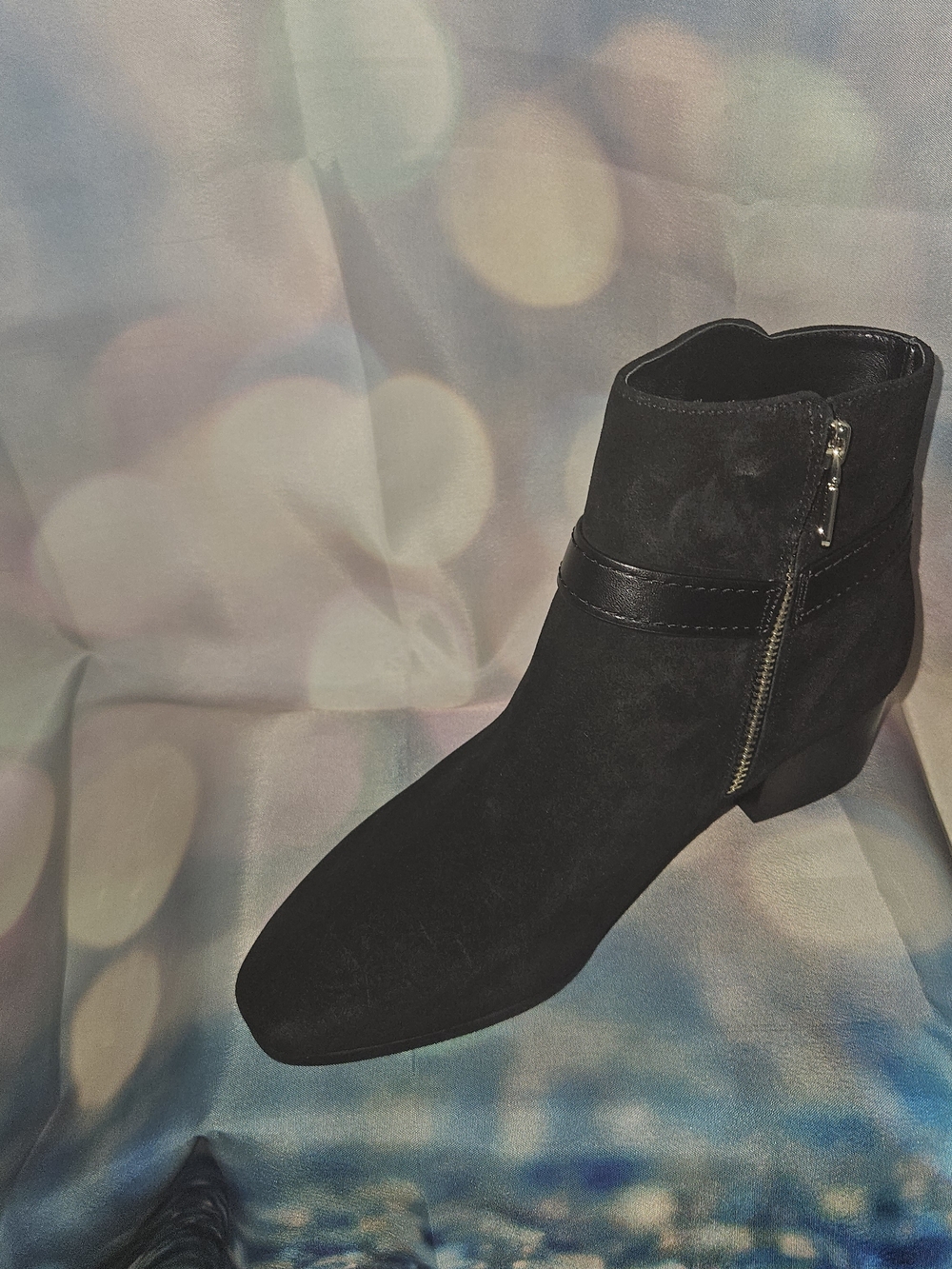 Talbots Black Suede Ankle Boot with Gold Buckle and Zipper Accents